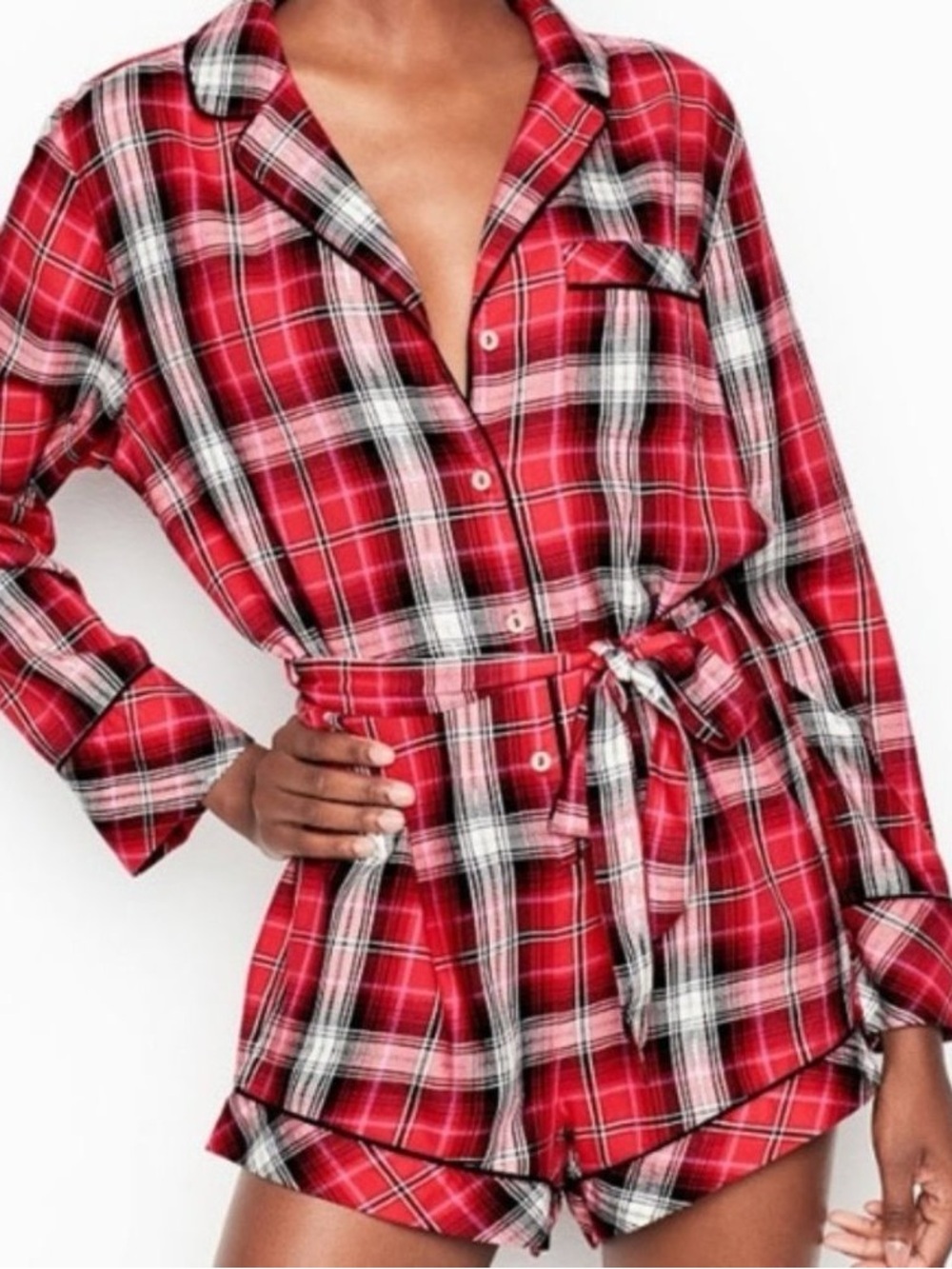 NWOT Victoria’s Secret Plaid Flannel Red Pajama Romper Belted Button Front Small